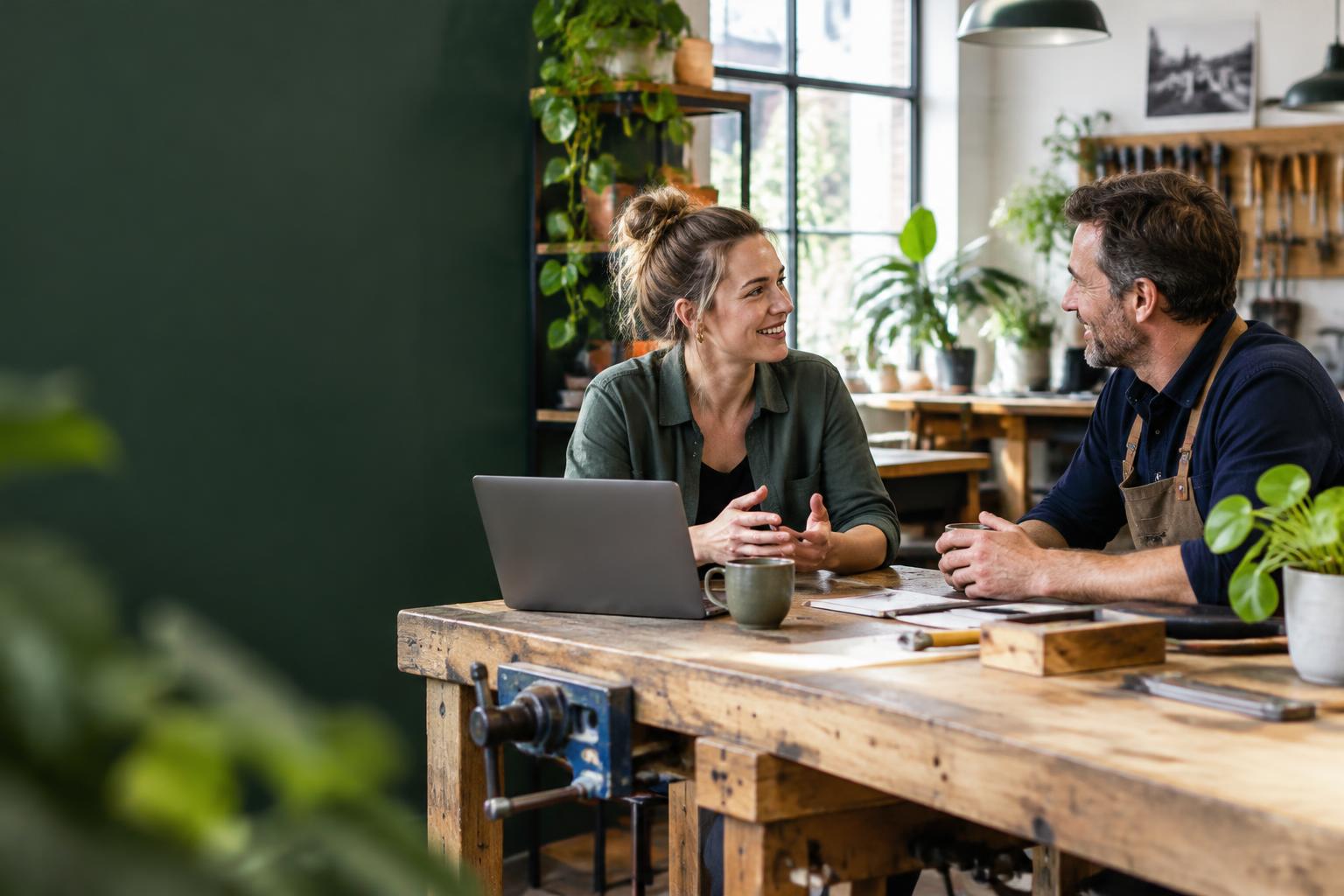 Zelfstandige professional en ondernemer in gesprek op de werkvloer